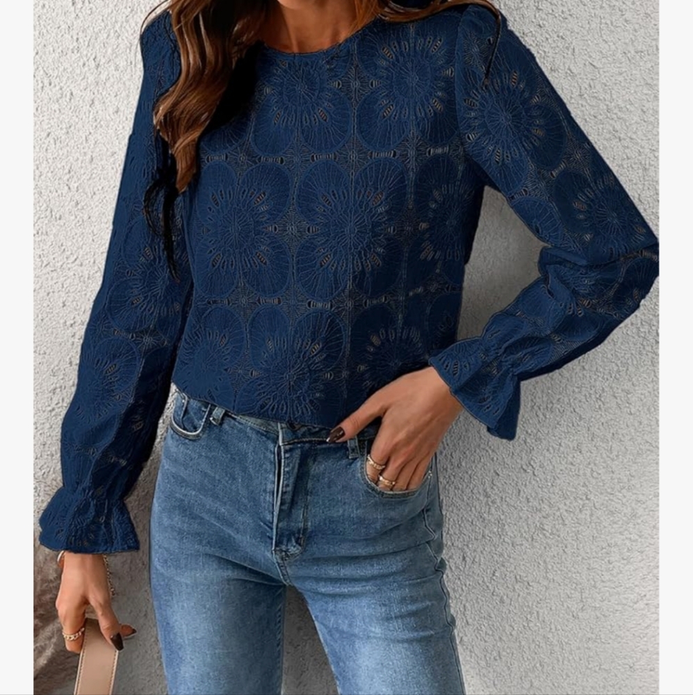 Beautiful Eyelet Top Hollow Out Crochet Lace Embroidery & Puffy Sleeves